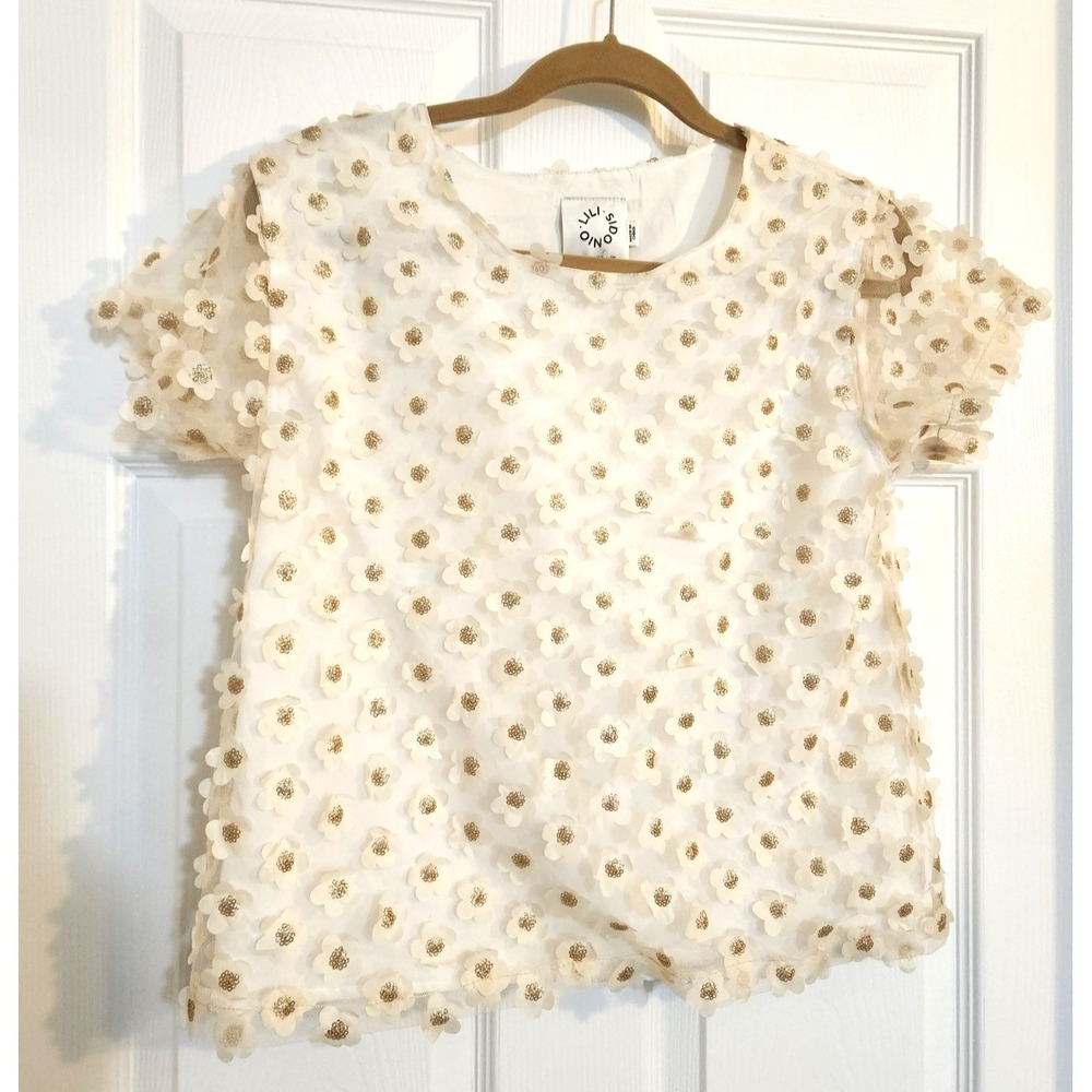 Lili Sidonio Blouse Sz Small Floral Applique Top Sheer Overlay Party Holiday